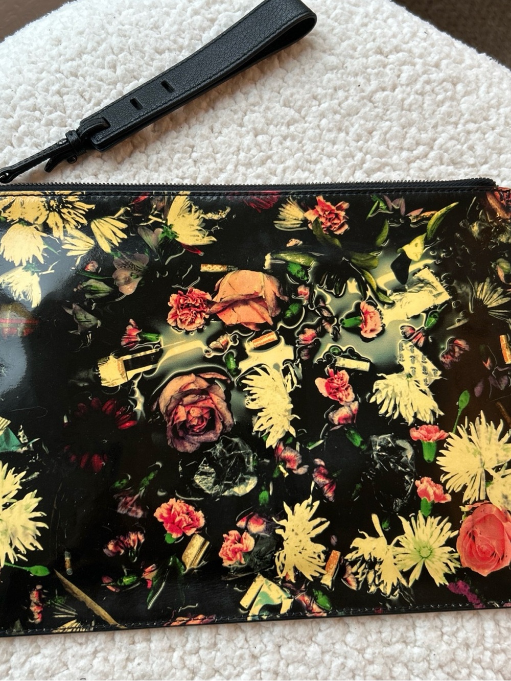 Authentic Alexander McQueen Pattern Leather Floral Gloss Wristlet Clutch